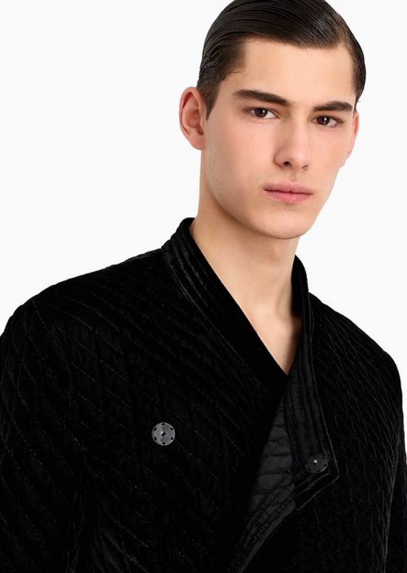 Black Emporio Armani Quilted Velvet Double-breasted Jacket | EA-SN57798