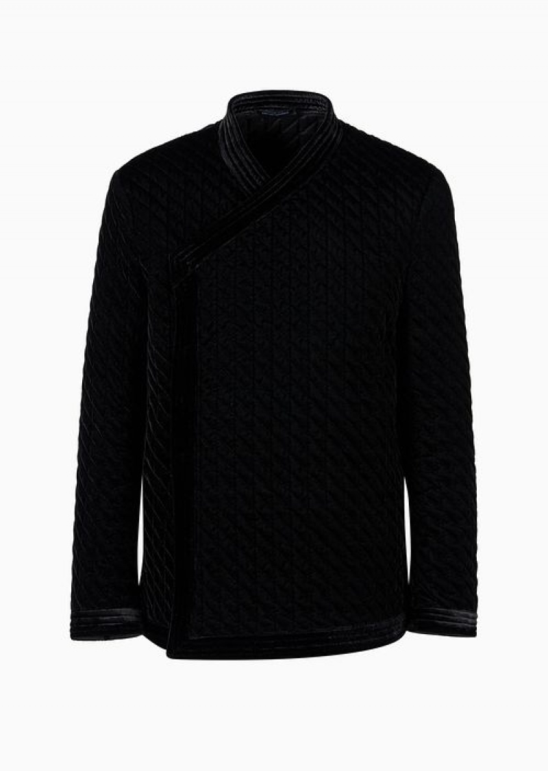 Black Emporio Armani Quilted Velvet Double-breasted Jacket | EA-SN57798