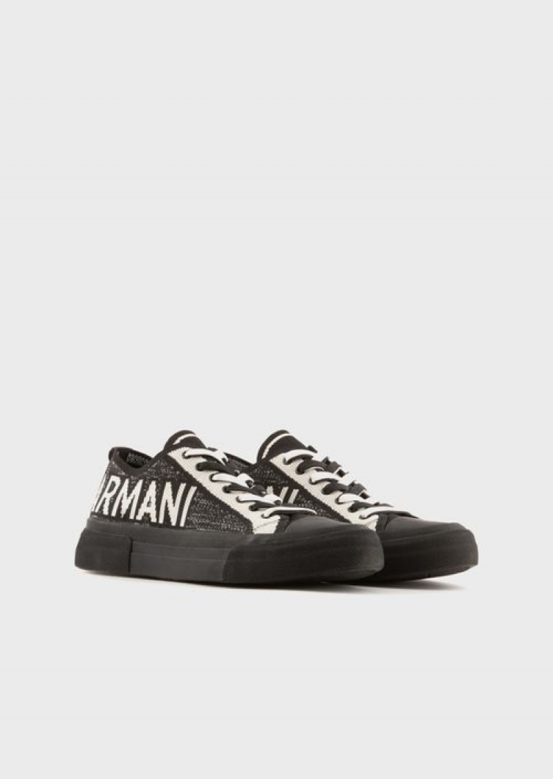 Black Emporio Armani Recycled Knit Sneakers With Jacquard Logo | EA-SN58947