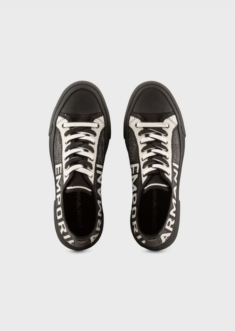 Black Emporio Armani Recycled Knit Sneakers With Jacquard Logo | EA-SN58947