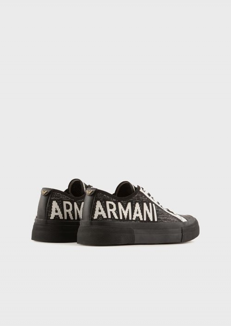 Black Emporio Armani Recycled Knit Sneakers With Jacquard Logo | EA-SN58947