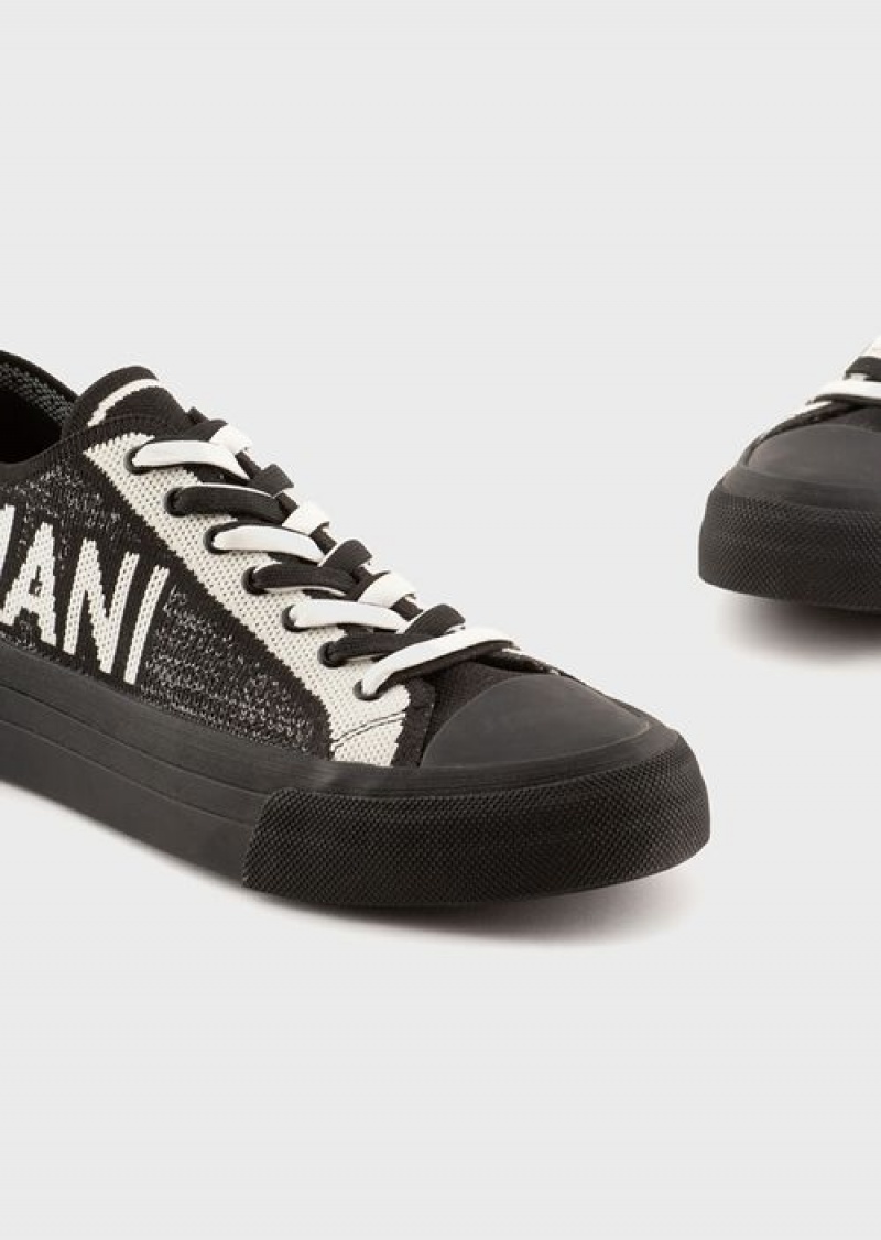 Black Emporio Armani Recycled Knit Sneakers With Jacquard Logo | EA-SN58947