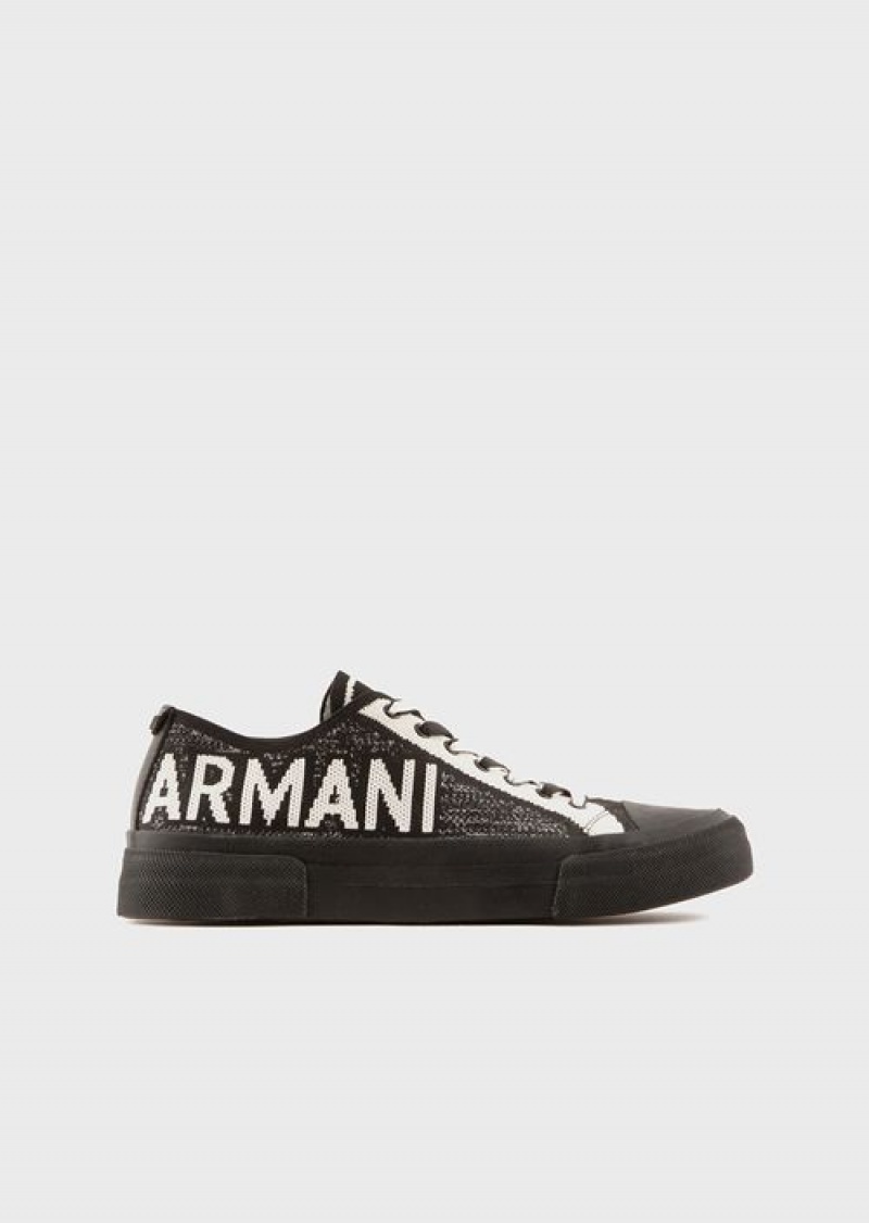 Black Emporio Armani Recycled Knit Sneakers With Jacquard Logo | EA-SN58947