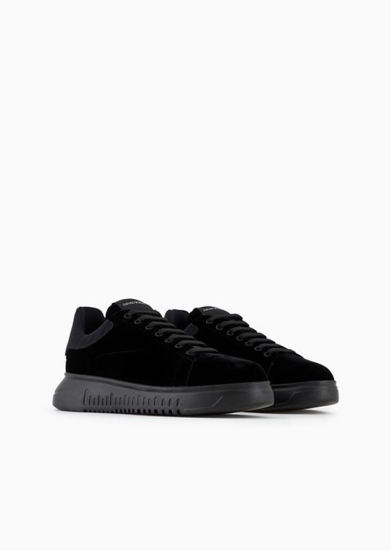 Black Emporio Armani Reloaded By Emporio Armani Sneakers In Velvet With Chevron Back Armani Sustainability Values | EA-SN58988