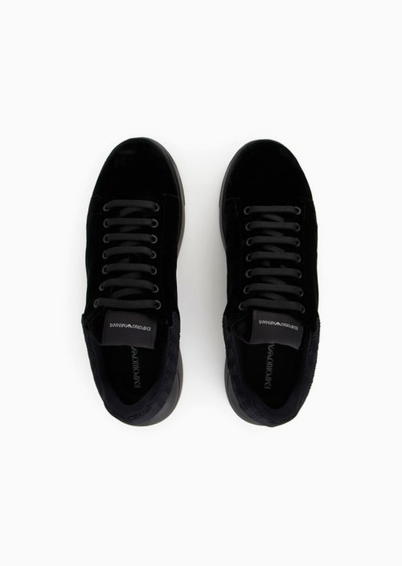 Black Emporio Armani Reloaded By Emporio Armani Sneakers In Velvet With Chevron Back Armani Sustainability Values | EA-SN58988