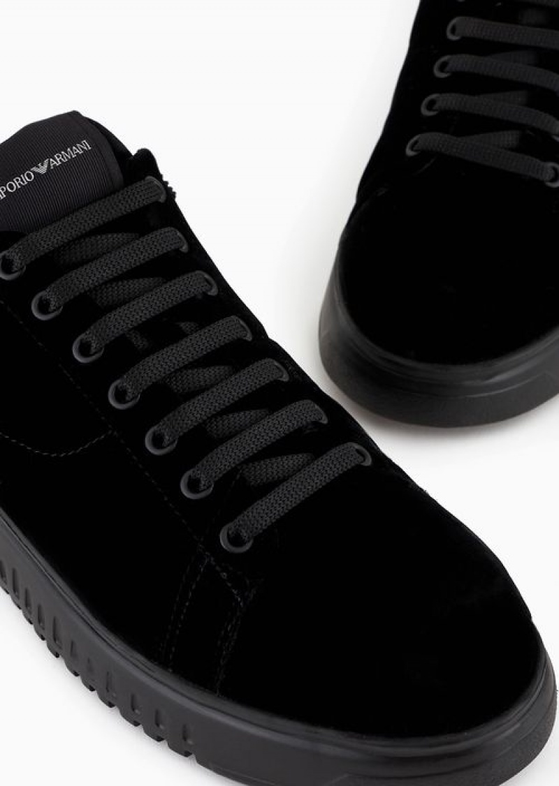 Black Emporio Armani Reloaded By Emporio Armani Sneakers In Velvet With Chevron Back Armani Sustainability Values | EA-SN58988