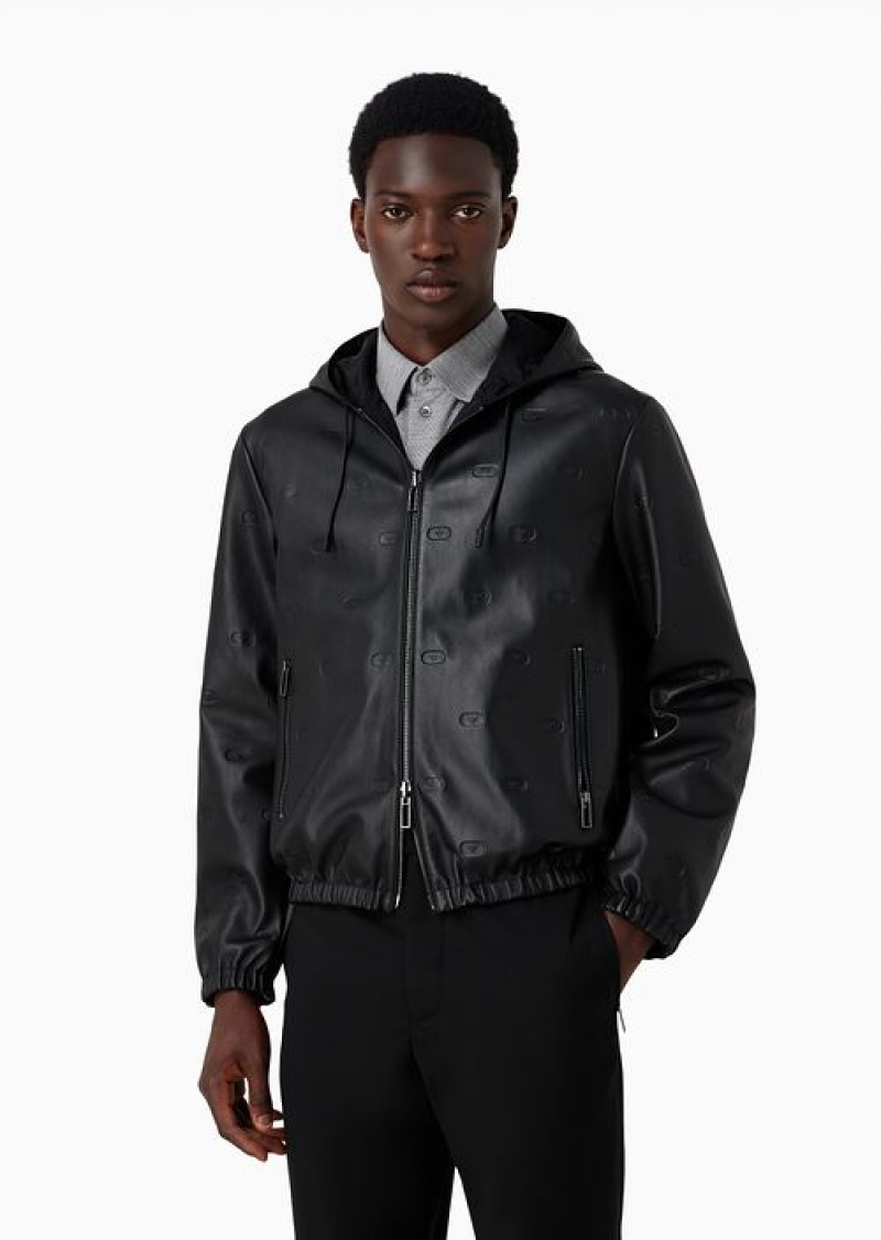 Black Emporio Armani Reversible Hooded Blouson In Vegetable Tanned Lambskin Nappa Leather With Small Eagle Stamps | EA-SN58155