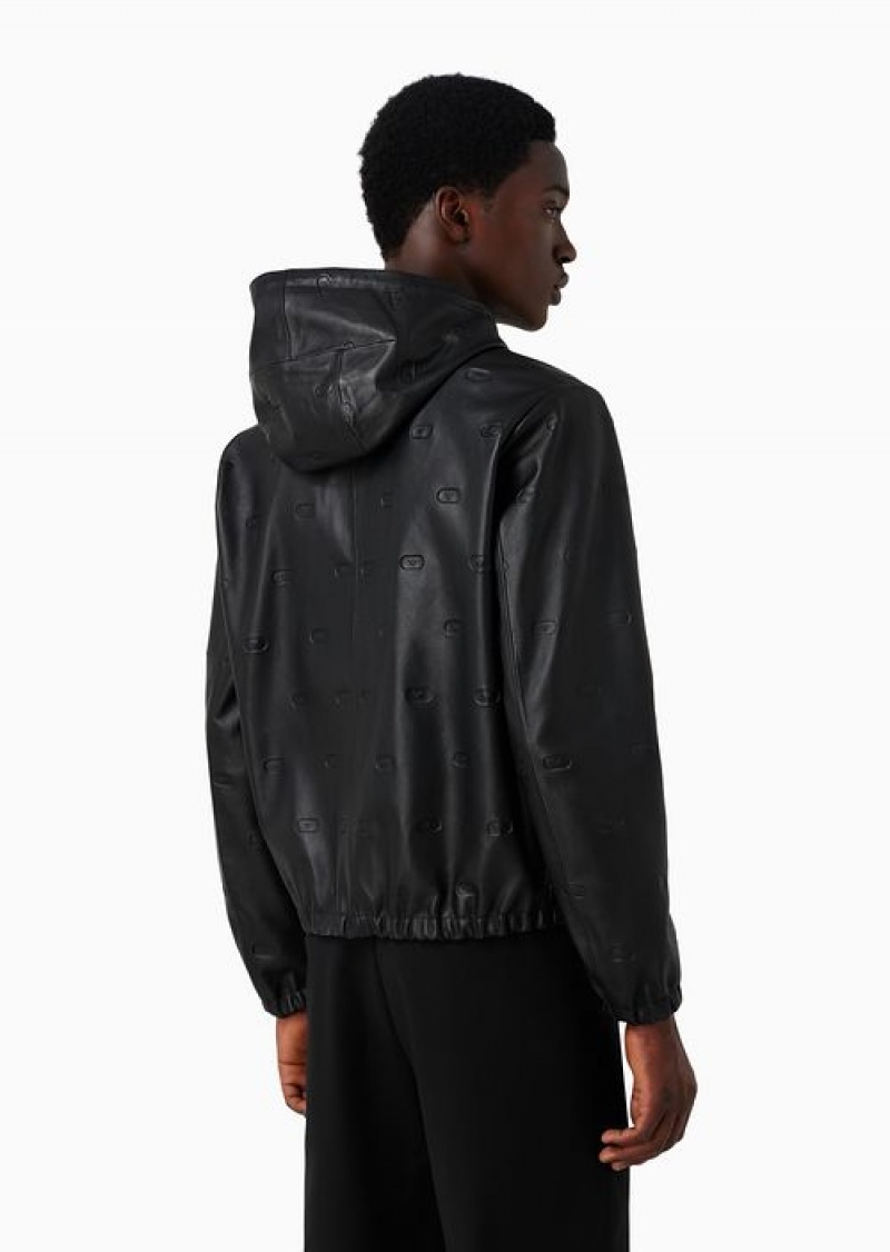 Black Emporio Armani Reversible Hooded Blouson In Vegetable Tanned Lambskin Nappa Leather With Small Eagle Stamps | EA-SN58155