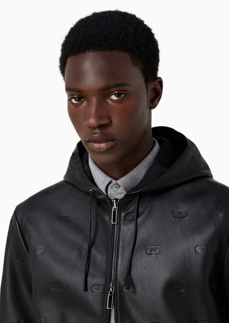 Black Emporio Armani Reversible Hooded Blouson In Vegetable Tanned Lambskin Nappa Leather With Small Eagle Stamps | EA-SN58155