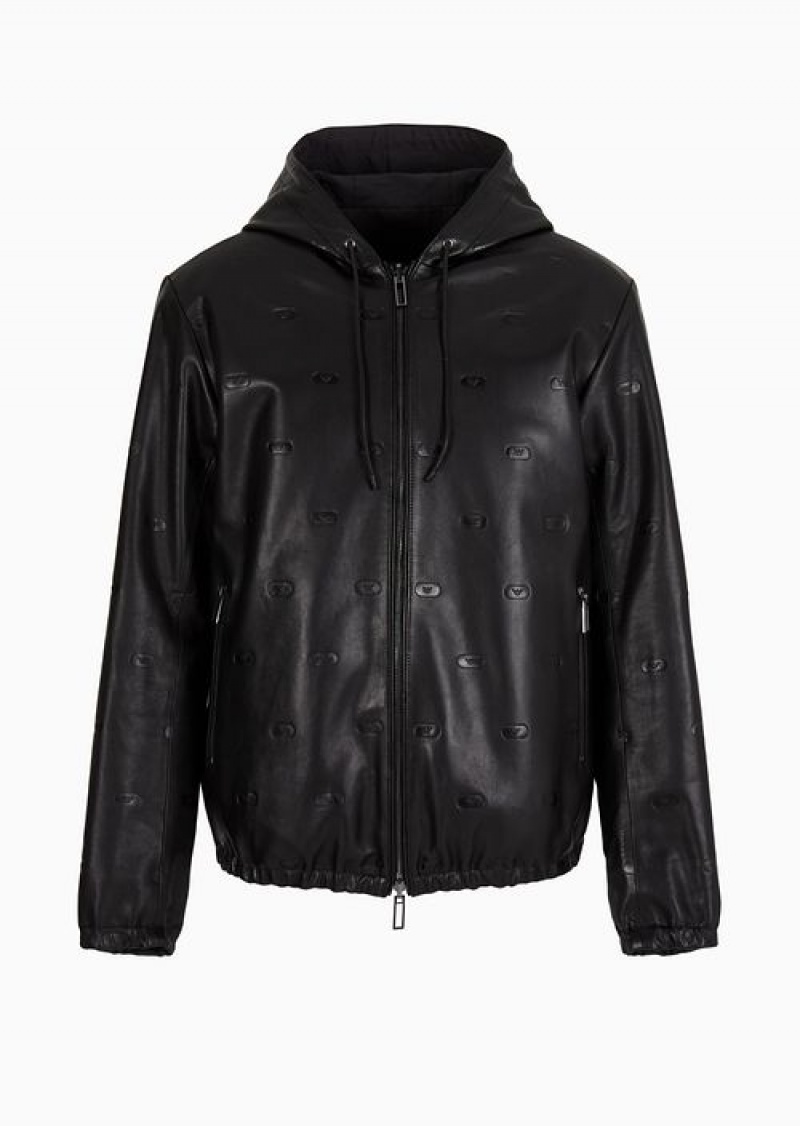 Black Emporio Armani Reversible Hooded Blouson In Vegetable Tanned Lambskin Nappa Leather With Small Eagle Stamps | EA-SN58155