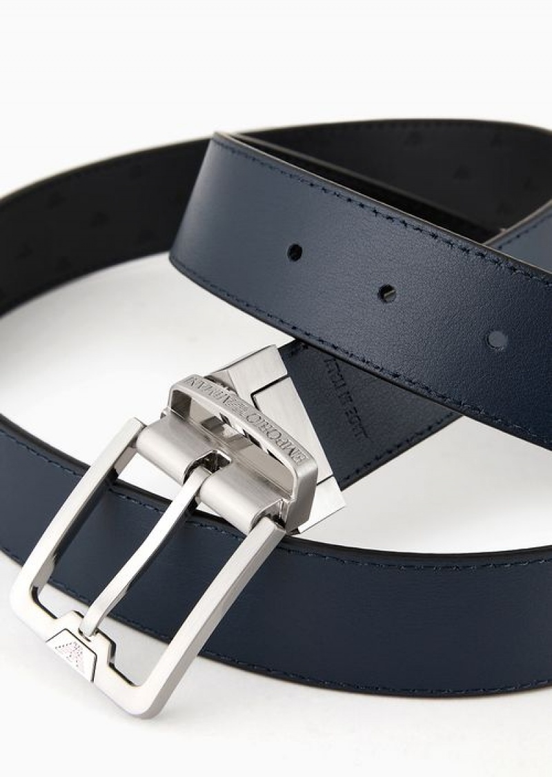 Black Emporio Armani Reversible Leather Belt With All-over Embossed Eagle | EA-SN59129