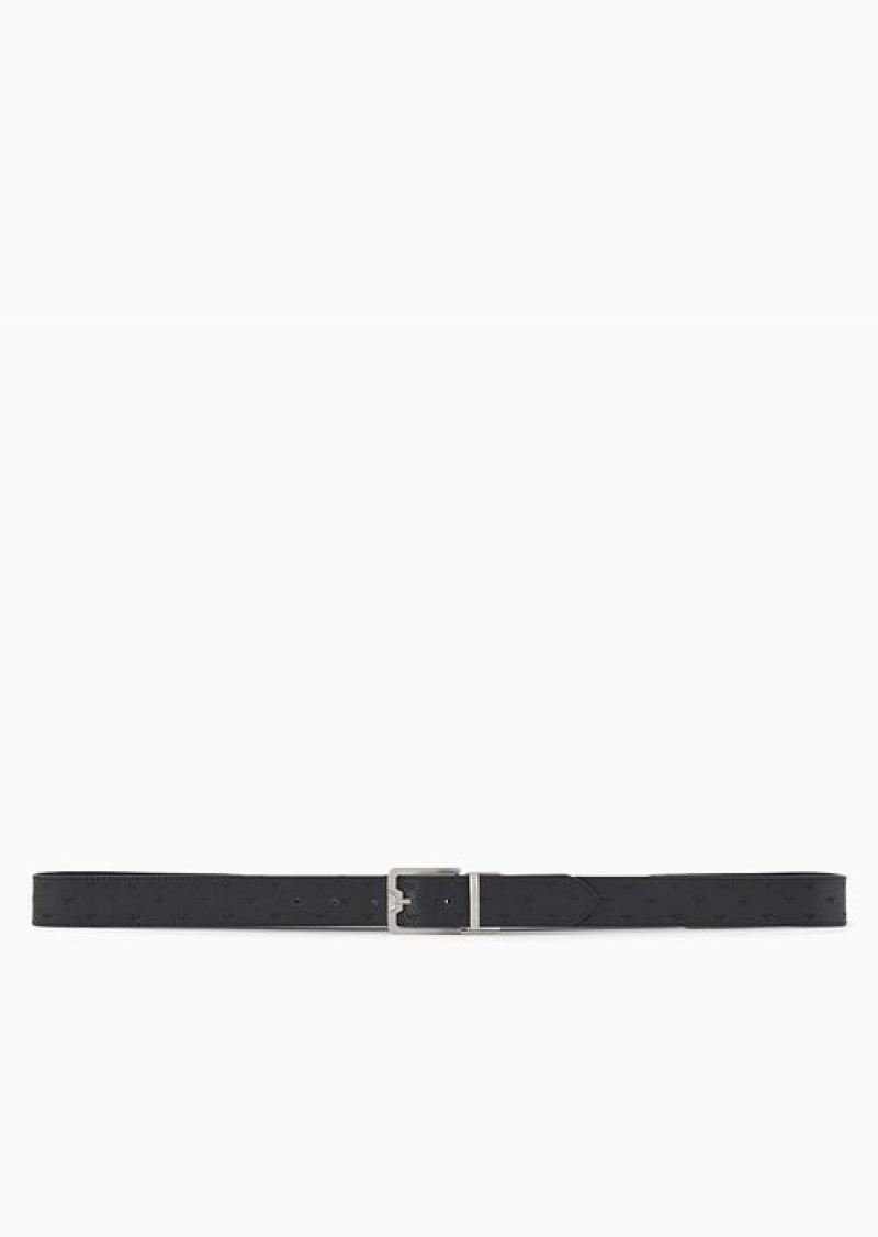 Black Emporio Armani Reversible Leather Belt With All-over Embossed Eagle | EA-SN59129