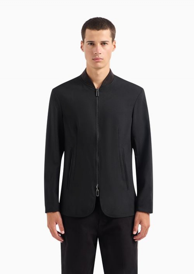 Black Emporio Armani Reversible Wool-blend Twill Zip-up Jacket | EA-SN57808