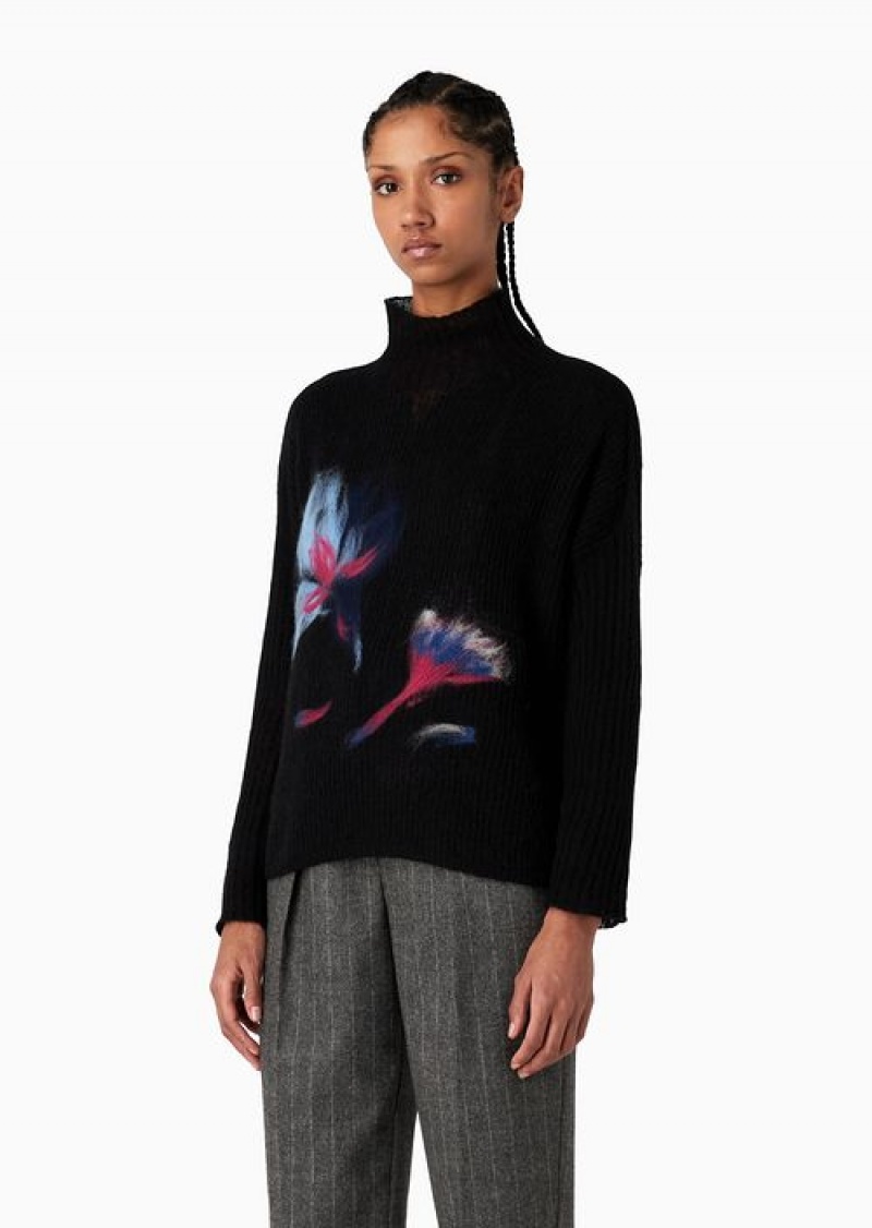 Black Emporio Armani Ribbed Alpaca-blend Turtleneck Jumper With A Seamless Flower Intarsia | EA-SN56657