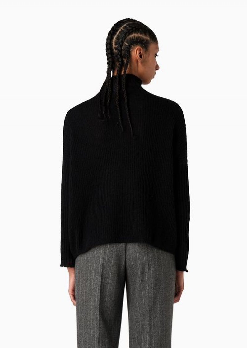 Black Emporio Armani Ribbed Alpaca-blend Turtleneck Jumper With A Seamless Flower Intarsia | EA-SN56657