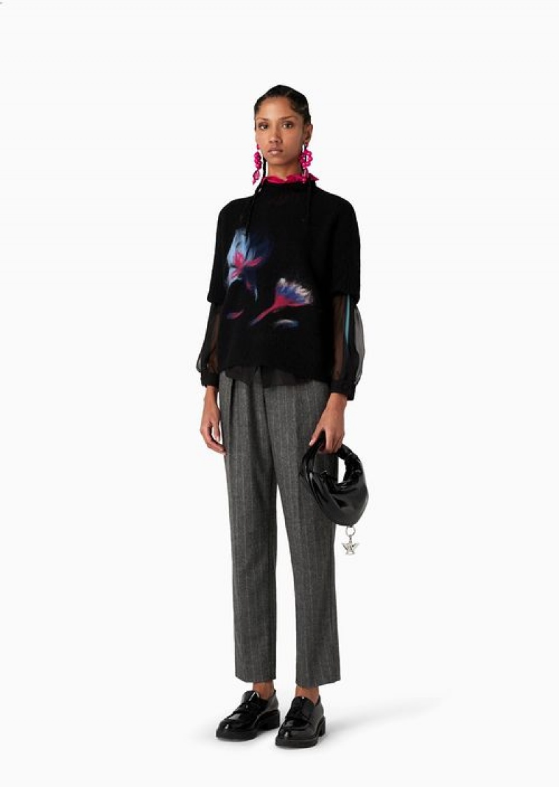 Black Emporio Armani Ribbed Alpaca-blend Turtleneck Jumper With A Seamless Flower Intarsia | EA-SN56657