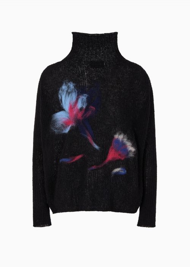 Black Emporio Armani Ribbed Alpaca-blend Turtleneck Jumper With A Seamless Flower Intarsia | EA-SN56657