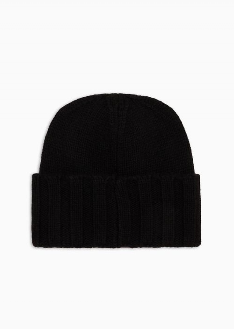 Black Emporio Armani Ribbed Cashmere Beanie | EA-SN57461