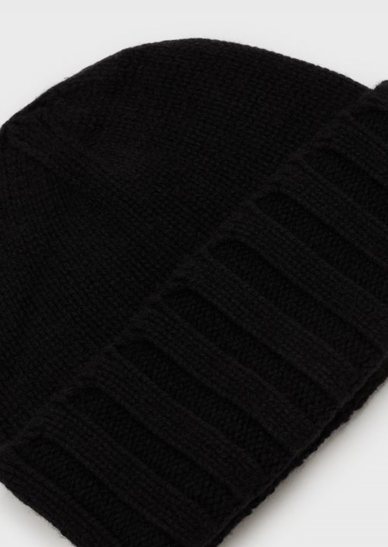 Black Emporio Armani Ribbed Cashmere Beanie | EA-SN57461