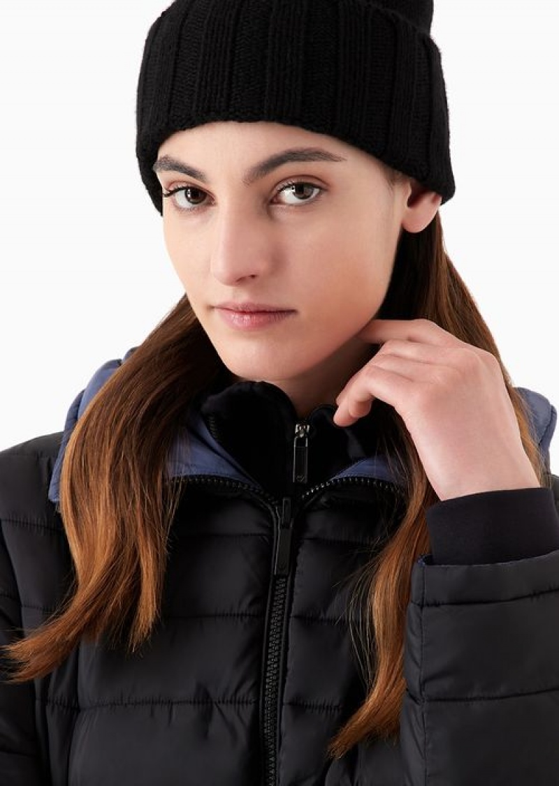 Black Emporio Armani Ribbed Cashmere Beanie | EA-SN57461