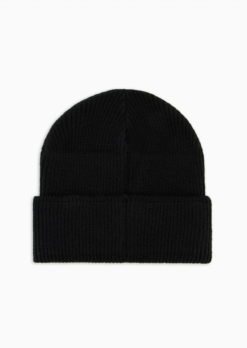 Black Emporio Armani Ribbed Wool-blend Beanie With Oversized Jacquard Eagle | EA-SN59176