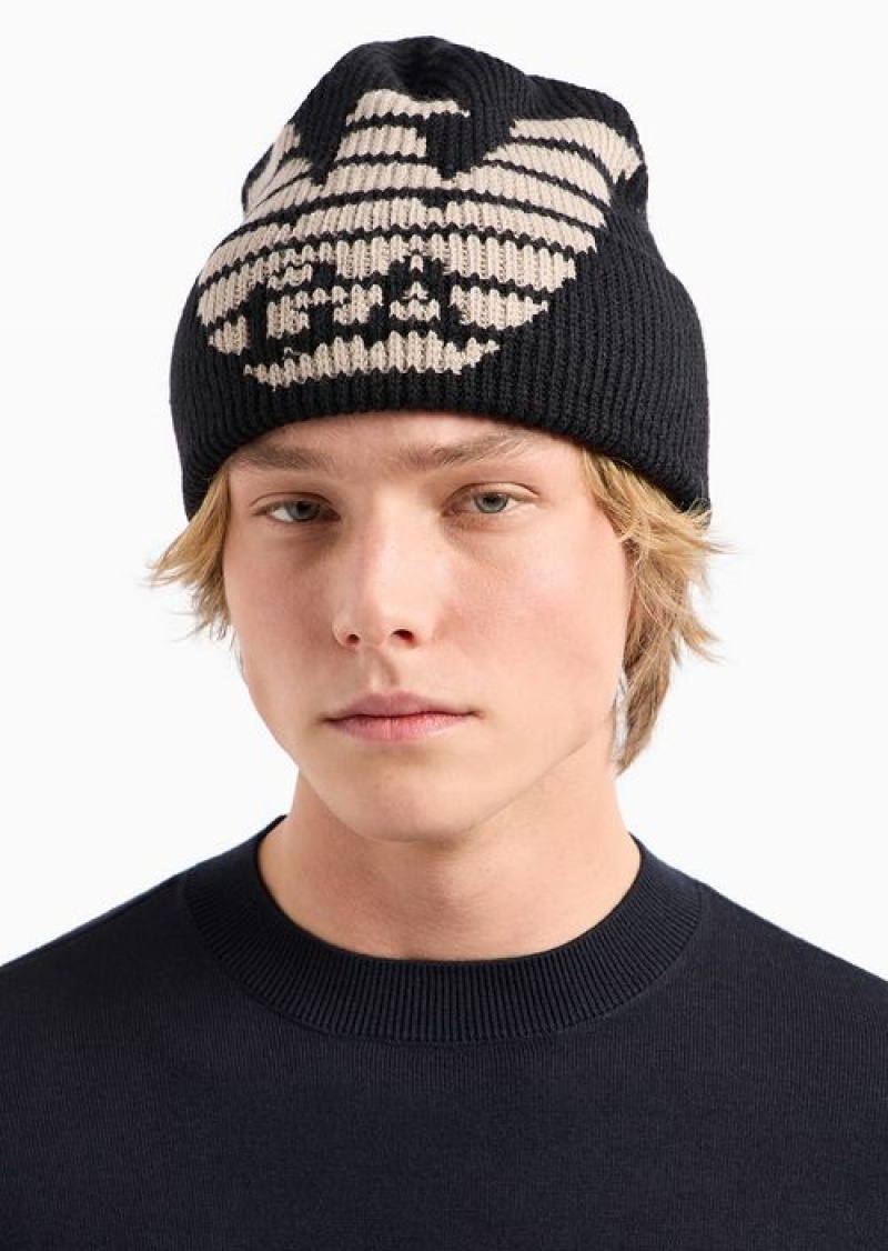 Black Emporio Armani Ribbed Wool-blend Beanie With Oversized Jacquard Eagle | EA-SN59176