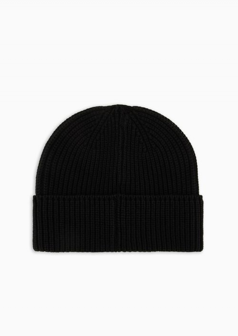 Black Emporio Armani Rib-knit Beanie With Turn-up Brim | EA-SN59173