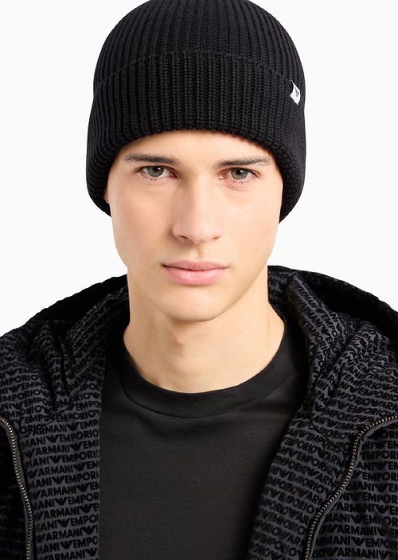 Black Emporio Armani Rib-knit Beanie With Turn-up Brim | EA-SN59173