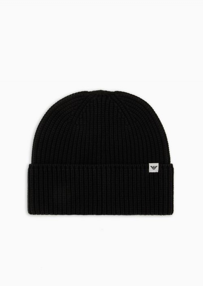 Black Emporio Armani Rib-knit Beanie With Turn-up Brim | EA-SN59173