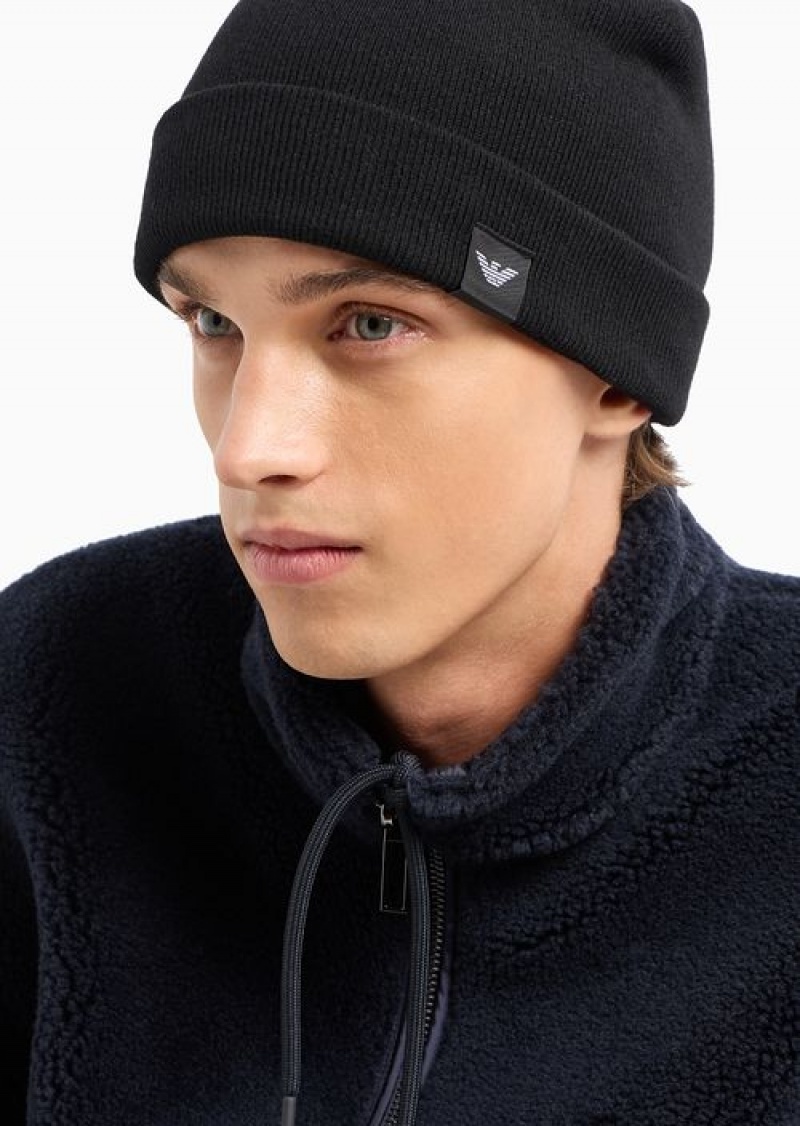 Black Emporio Armani Rib-knit Wool-blend Beanie | EA-SN59197