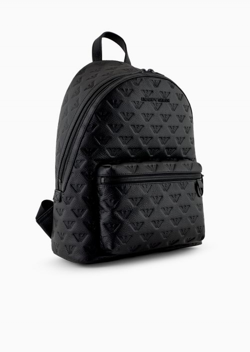 Black Emporio Armani Round Leather Backpack With All-over Embossed Eagle | EA-SN59027