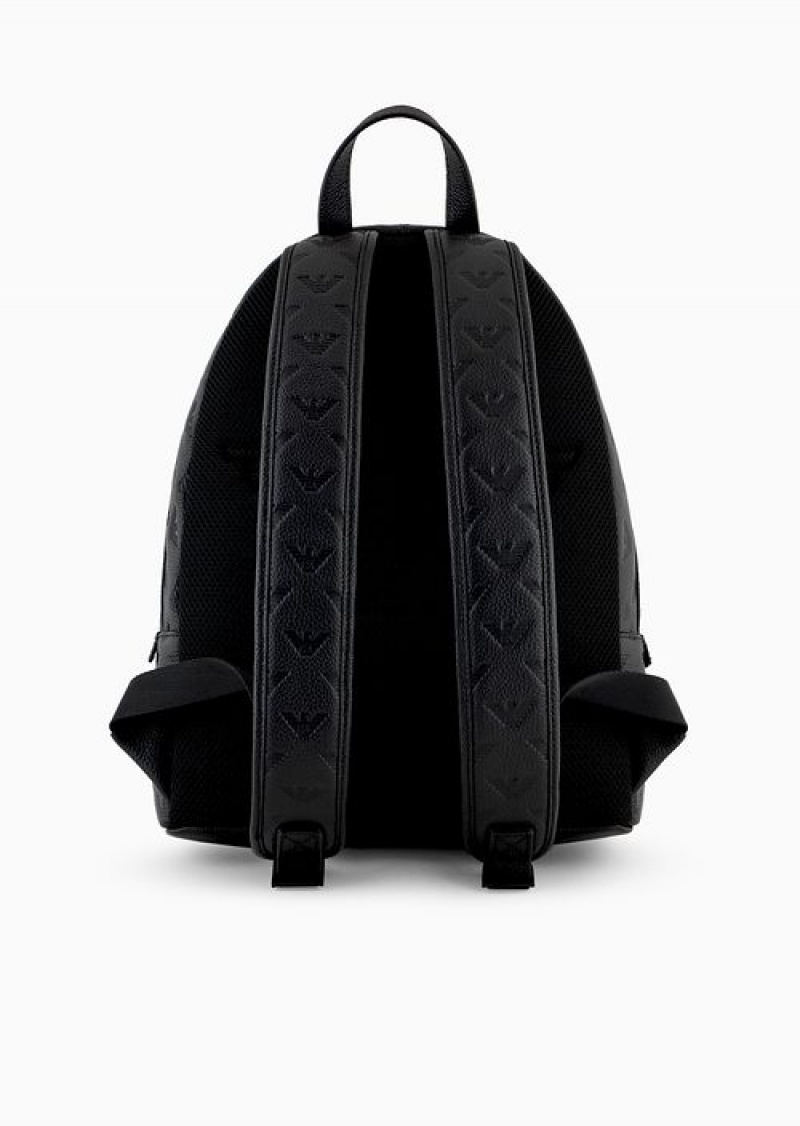 Black Emporio Armani Round Leather Backpack With All-over Embossed Eagle | EA-SN59027