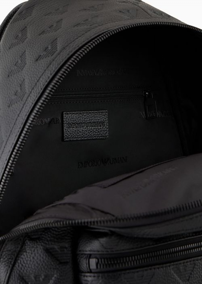 Black Emporio Armani Round Leather Backpack With All-over Embossed Eagle | EA-SN59027