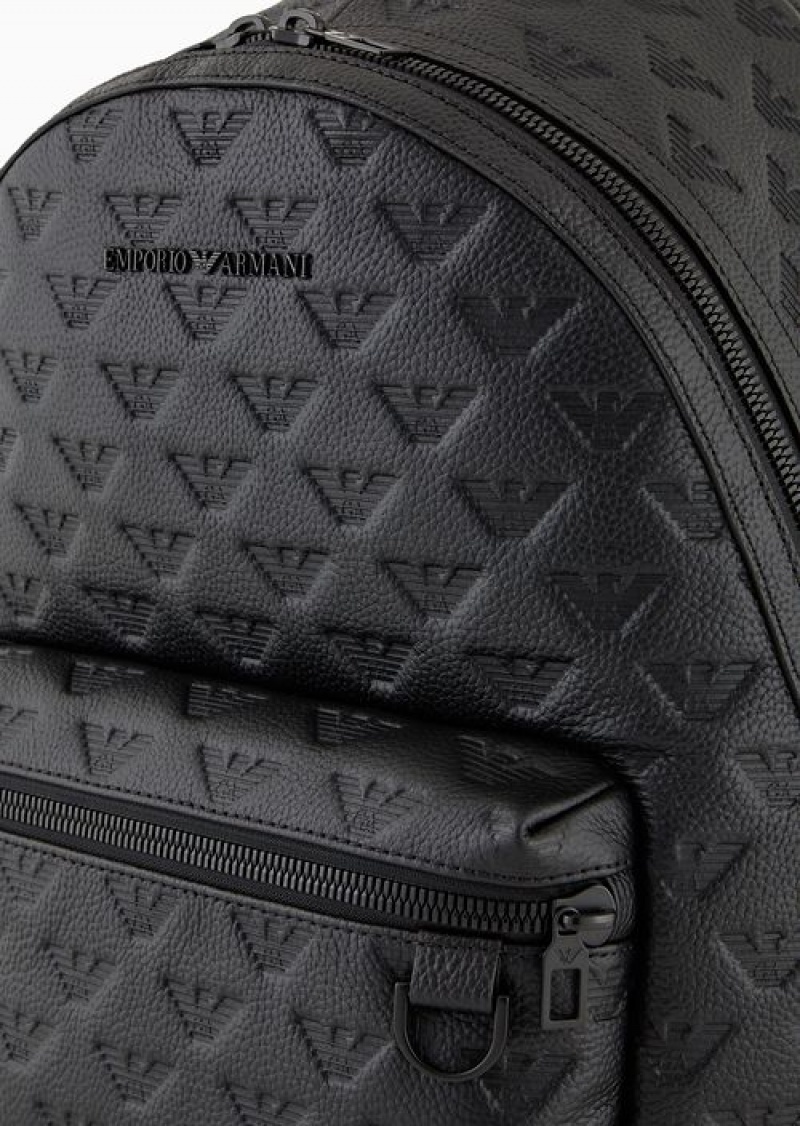 Black Emporio Armani Round Leather Backpack With All-over Embossed Eagle | EA-SN59027