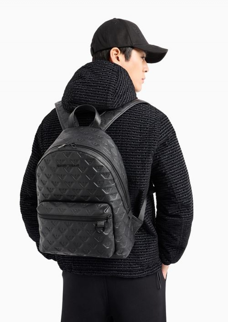 Black Emporio Armani Round Leather Backpack With All-over Embossed Eagle | EA-SN59027