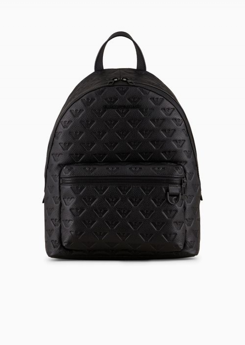 Black Emporio Armani Round Leather Backpack With All-over Embossed Eagle | EA-SN59027