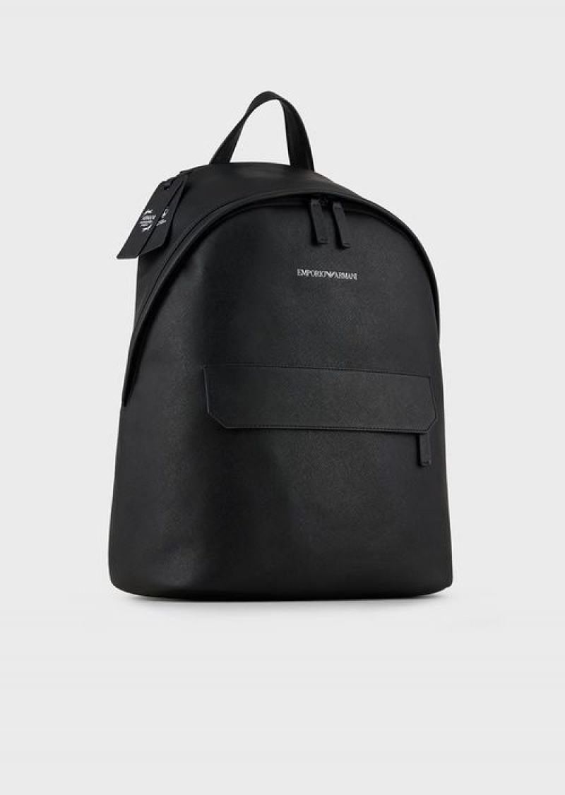 Black Emporio Armani Saffiano-print, Regenerated Leather Backpack | EA-SN59022