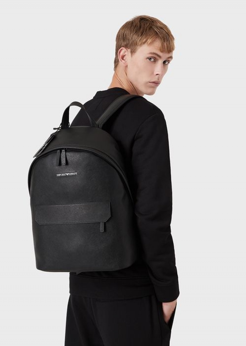 Black Emporio Armani Saffiano-print, Regenerated Leather Backpack | EA-SN59022