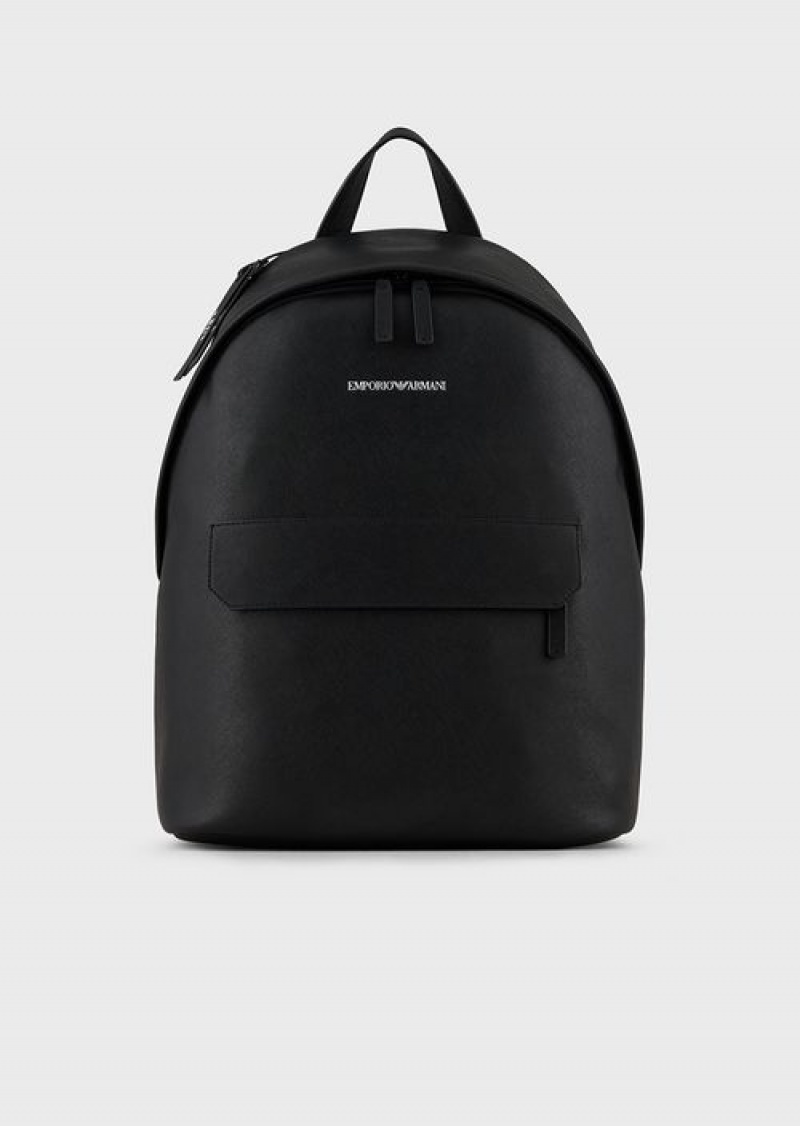 Black Emporio Armani Saffiano-print, Regenerated Leather Backpack | EA-SN59022