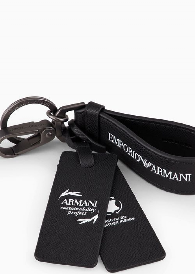 Black Emporio Armani Saffiano-print, Regenerated Leather Keyring | EA-SN59295