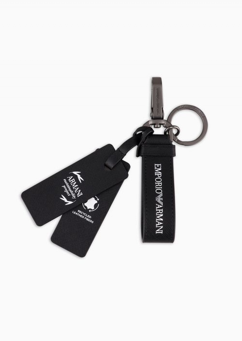 Black Emporio Armani Saffiano-print, Regenerated Leather Keyring | EA-SN59295