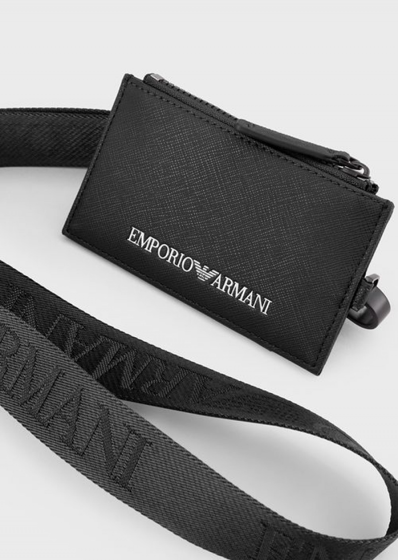 Black Emporio Armani Saffiano-print, Regenerated Leather Badge Holder | EA-SN59296