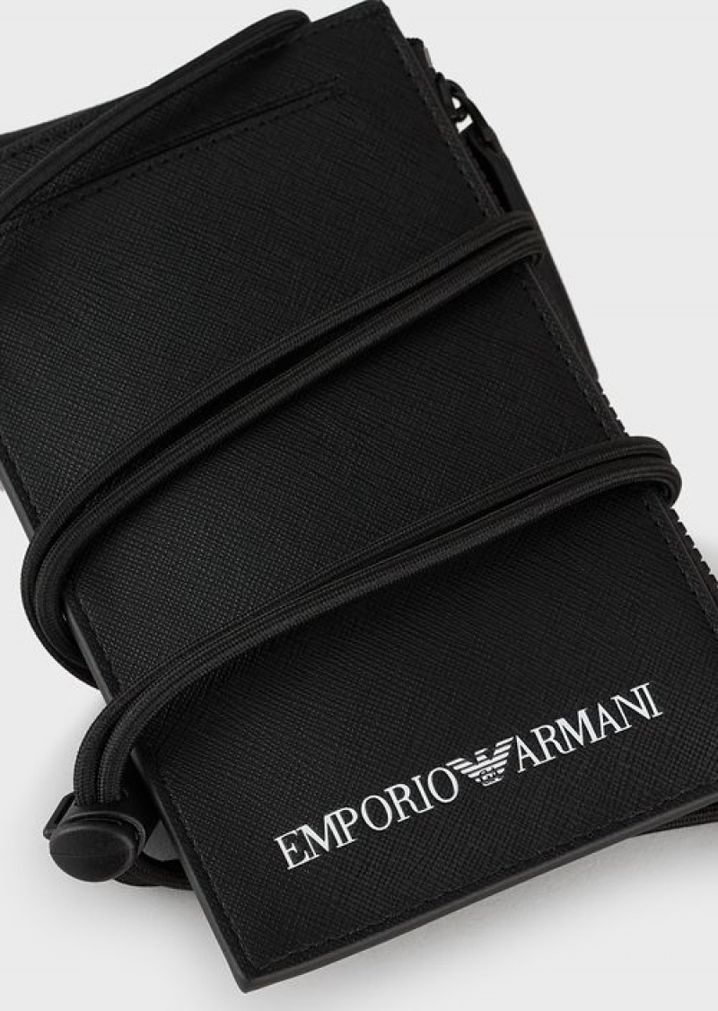 Black Emporio Armani Saffiano-print, Regenerated Leather Tech Case With Outer Pocket | EA-SN59297