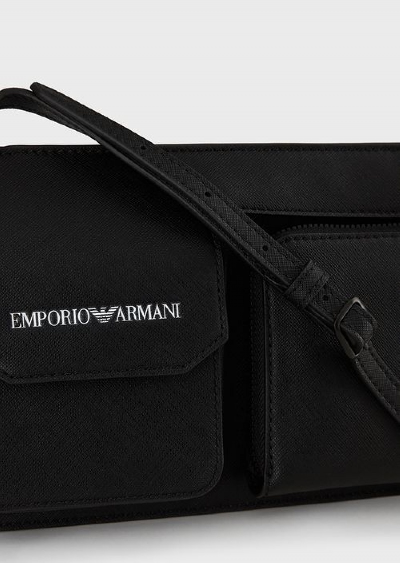 Black Emporio Armani Saffiano-print, Regenerated Leather Tech Case With Outer Pocket | EA-SN59298