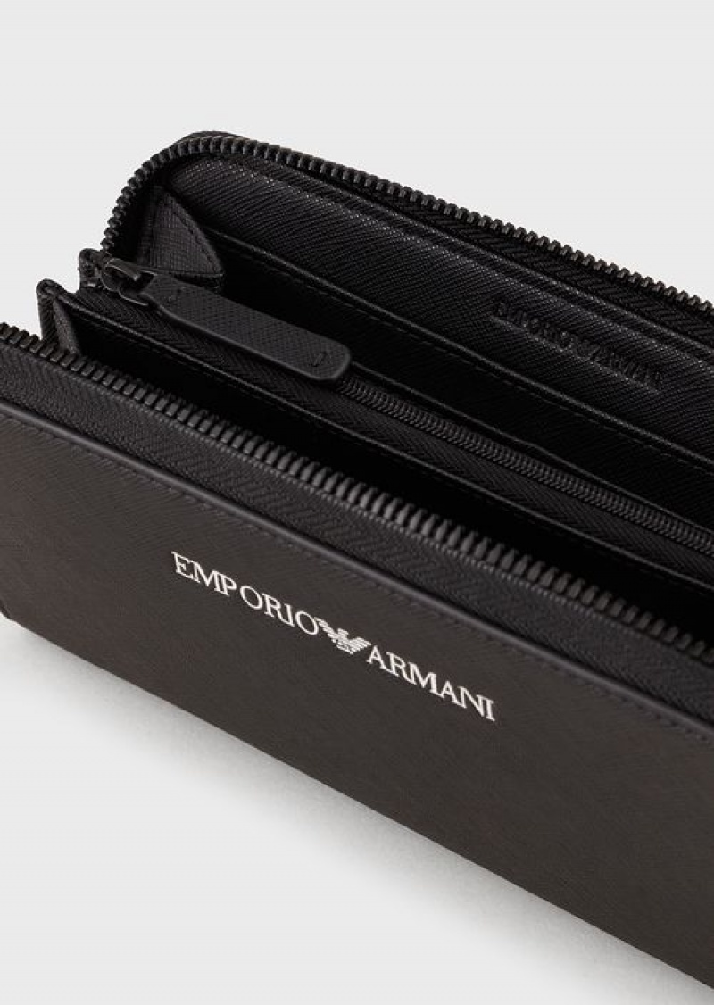 Black Emporio Armani Saffiano-print, Regenerated-leather Wallet With Wraparound Zip | EA-SN59299