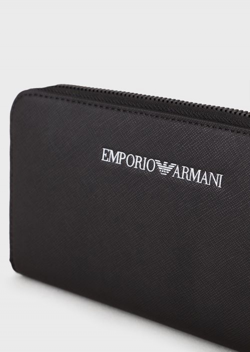 Black Emporio Armani Saffiano-print, Regenerated-leather Wallet With Wraparound Zip | EA-SN59299