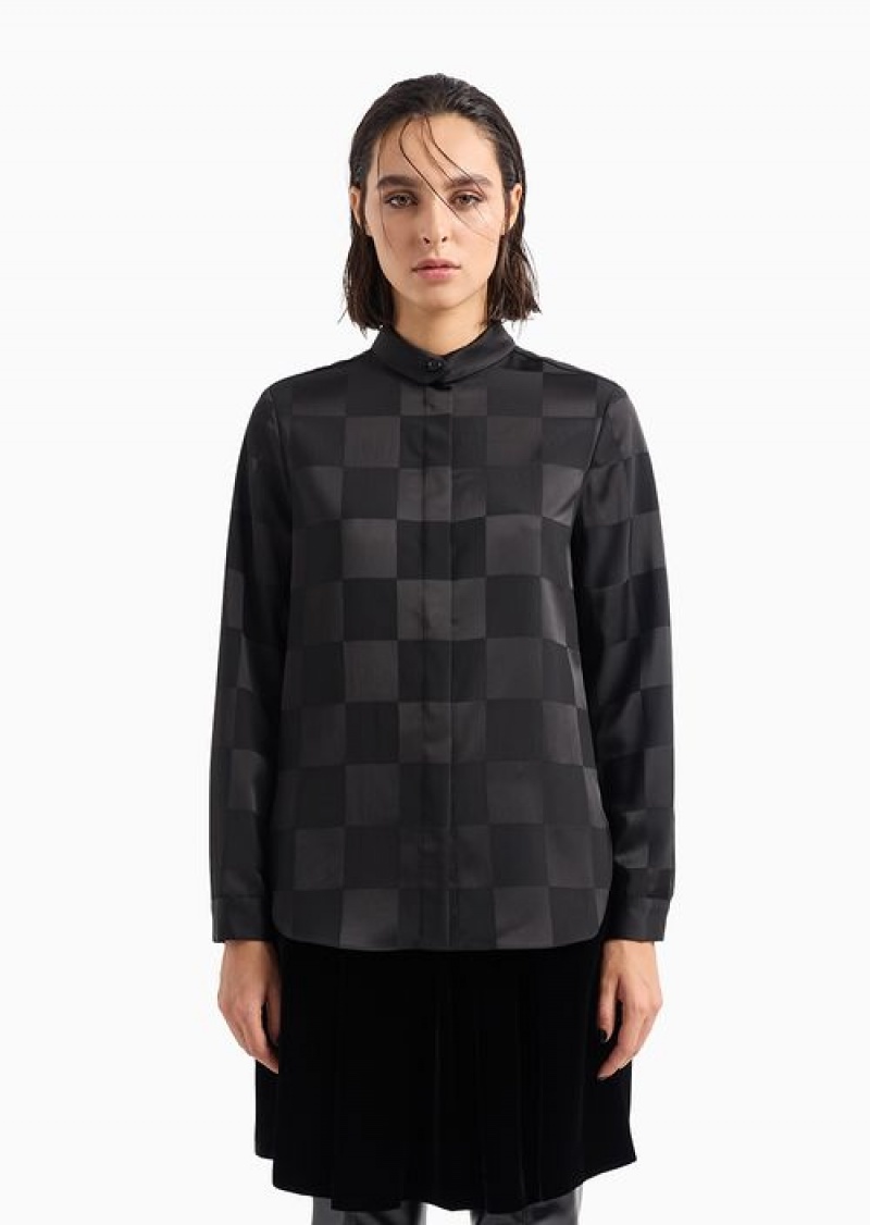 Black Emporio Armani Satin CrêPe Shirt With A Damier Motif And Button At The Collar | EA-SN56928