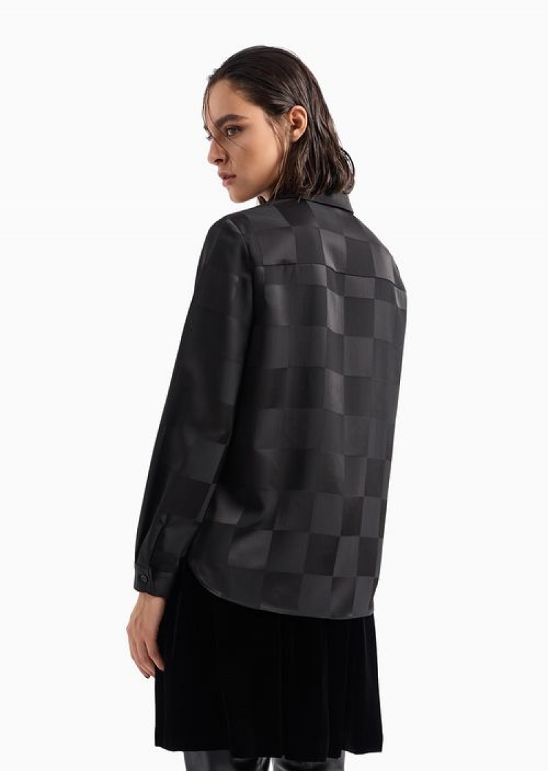 Black Emporio Armani Satin CrêPe Shirt With A Damier Motif And Button At The Collar | EA-SN56928