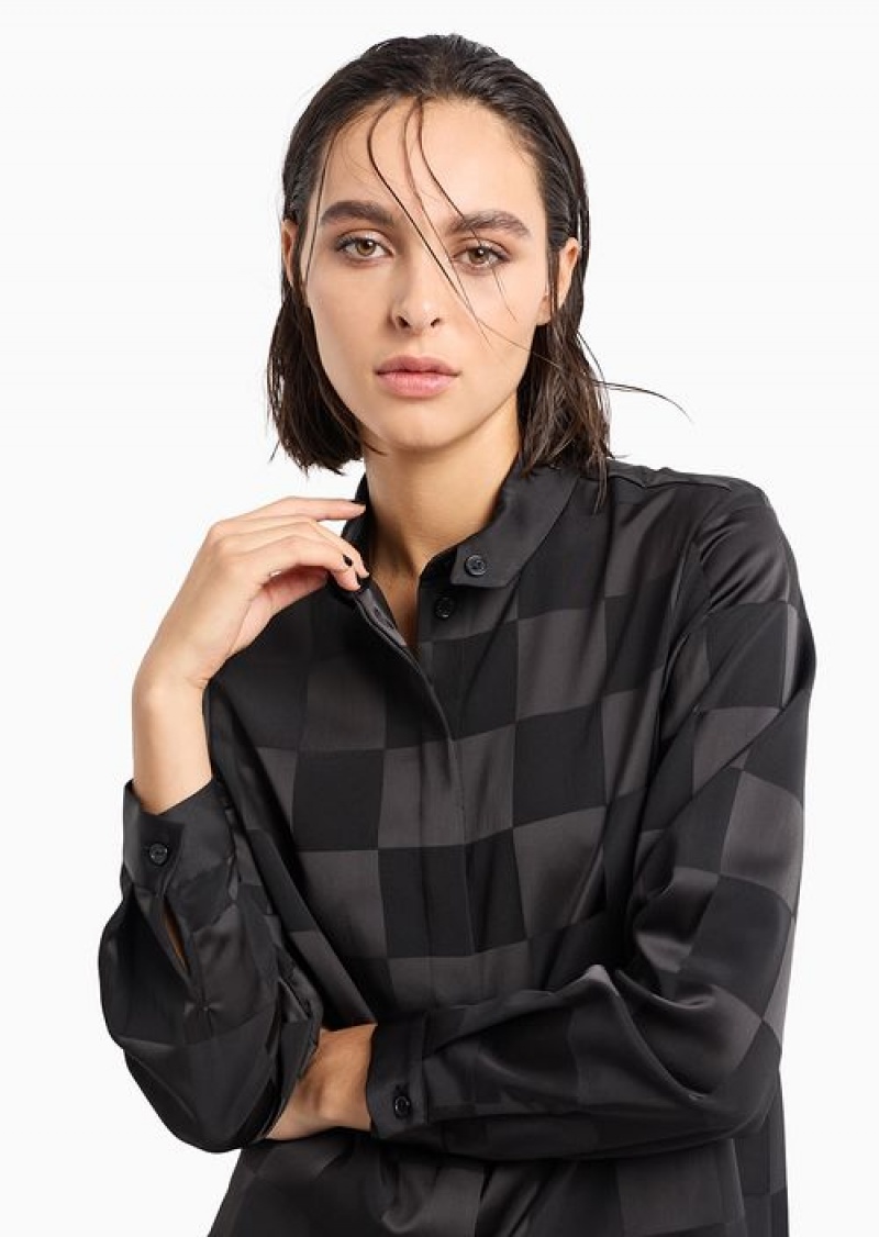 Black Emporio Armani Satin CrêPe Shirt With A Damier Motif And Button At The Collar | EA-SN56928