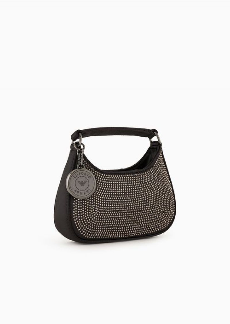 Black Emporio Armani Satin Hobo Mini Bag With Rhinestones | EA-SN57377